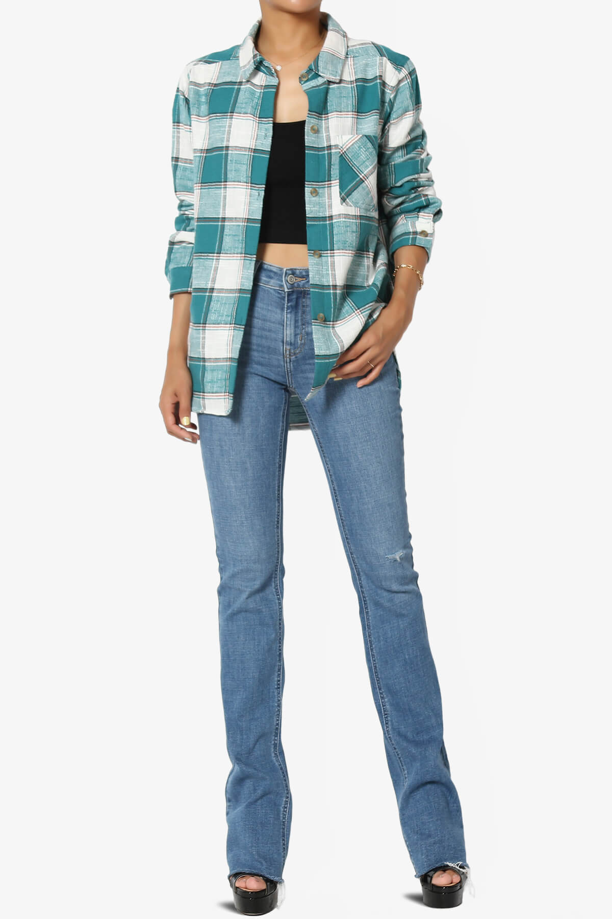 Load image into Gallery viewer, Allegra Plaid Flannel Button Down Shirt TEAL_6
