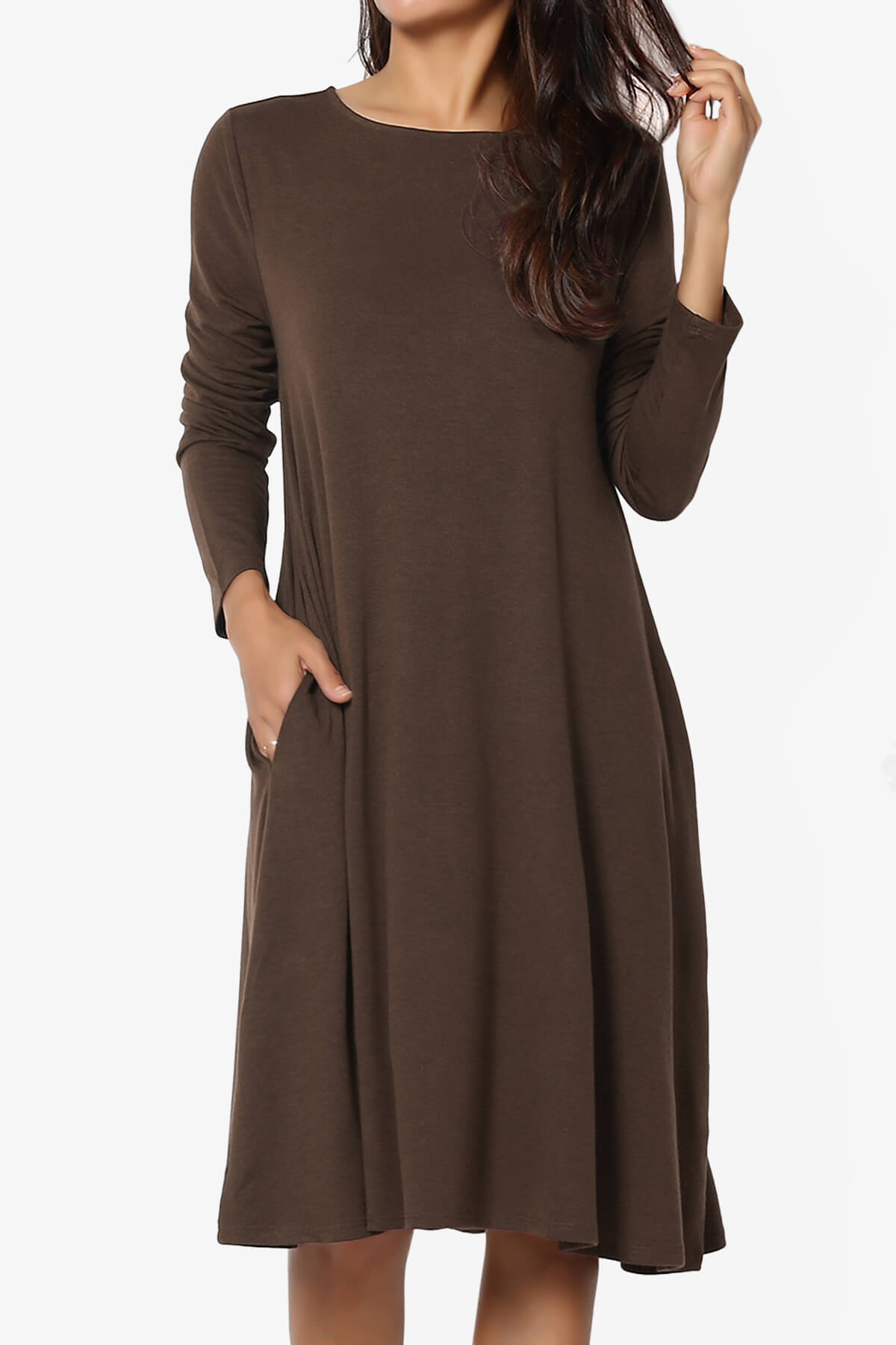 Load image into Gallery viewer, Allie Long Sleeve Jersey A-Line Dress BROWN_1
