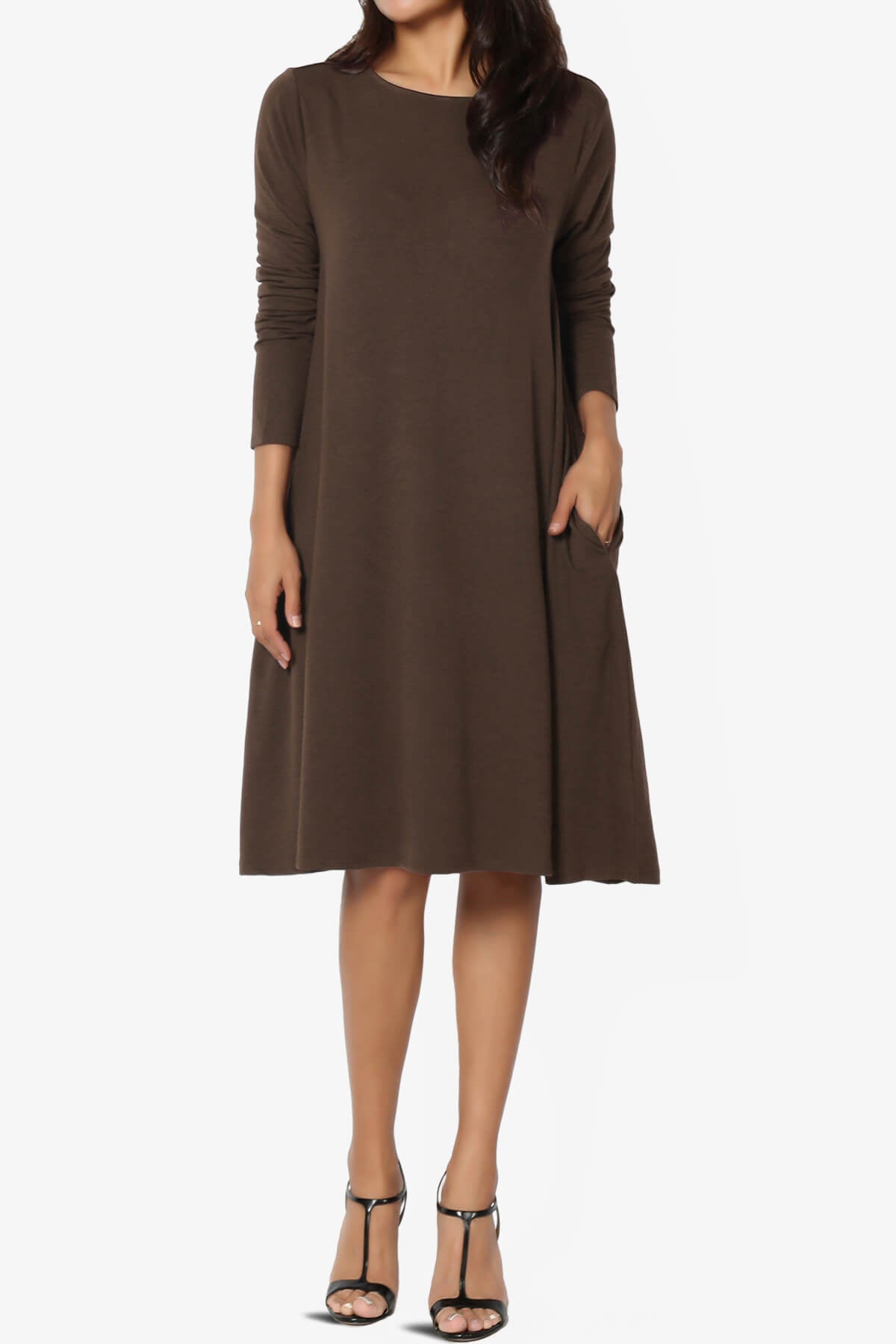 Load image into Gallery viewer, Allie Long Sleeve Jersey A-Line Dress BROWN_6

