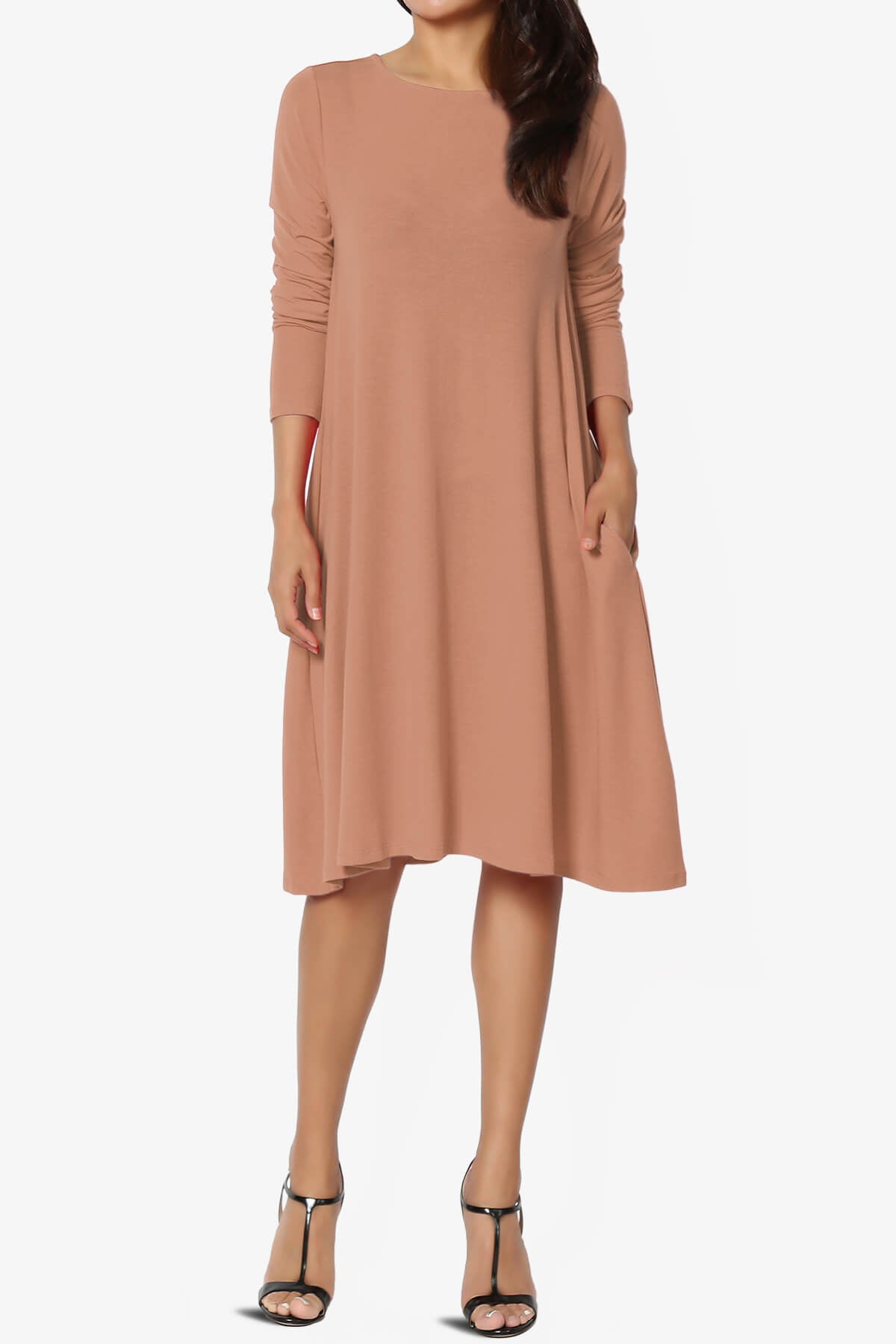 Load image into Gallery viewer, Allie Long Sleeve Jersey A-Line Dress CAMEL_6
