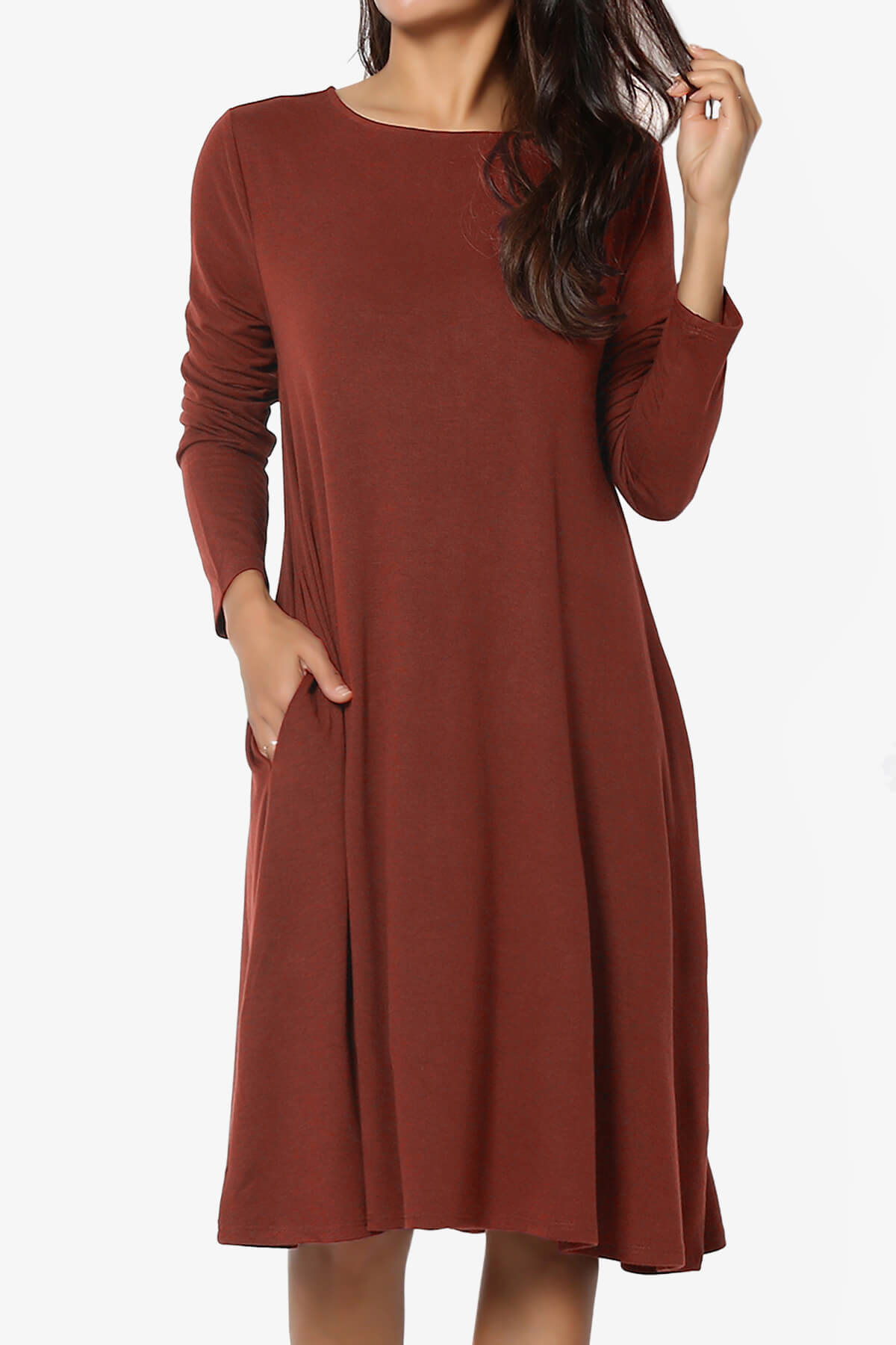 Load image into Gallery viewer, Allie Long Sleeve Jersey A-Line Dress DARK RUST_1
