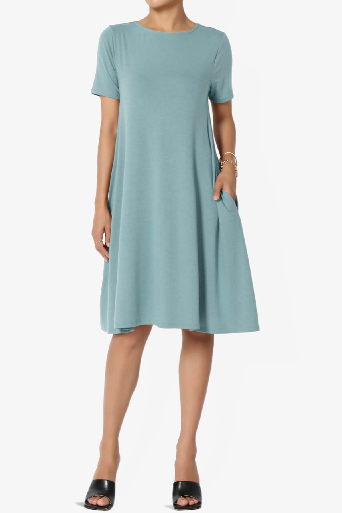 Allie Short Sleeve Jersey A-Line Dress DUSTY BLUE_1