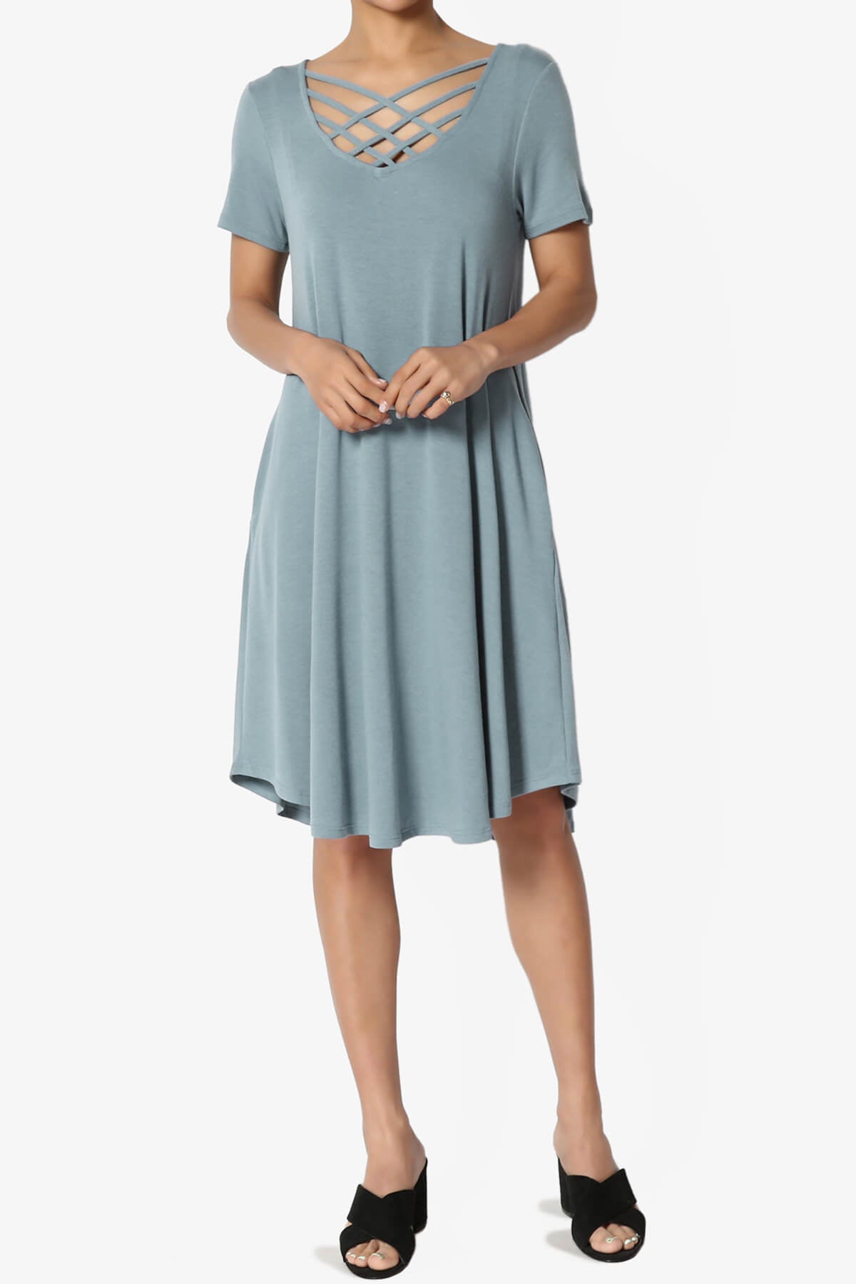 Load image into Gallery viewer, Amella Strappy Scoop Neck Pocket Dress DUSTY BLUE_6
