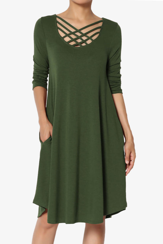 Ariella 3/4 Sleeve Strappy Scoop Neck Dress ARMY GREEN_1
