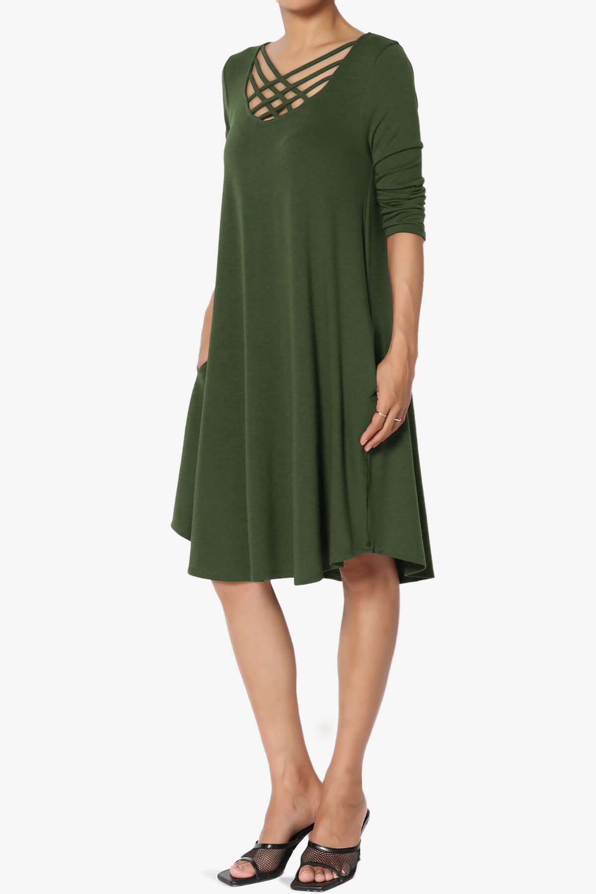 Ariella 3/4 Sleeve Strappy Scoop Neck Dress ARMY GREEN_3