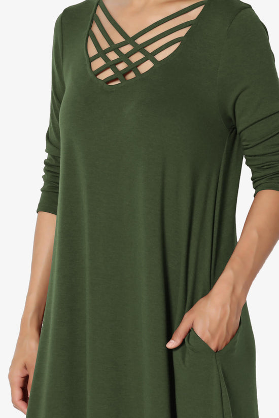 Ariella 3/4 Sleeve Strappy Scoop Neck Dress ARMY GREEN_5