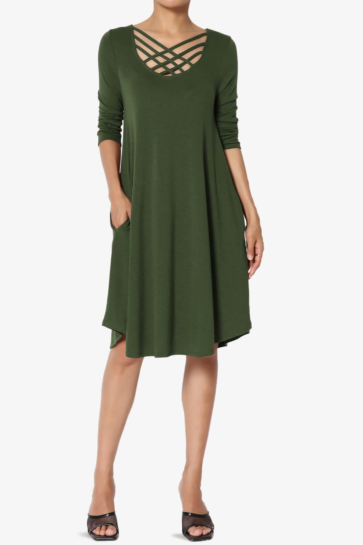 Ariella 3/4 Sleeve Strappy Scoop Neck Dress ARMY GREEN_6