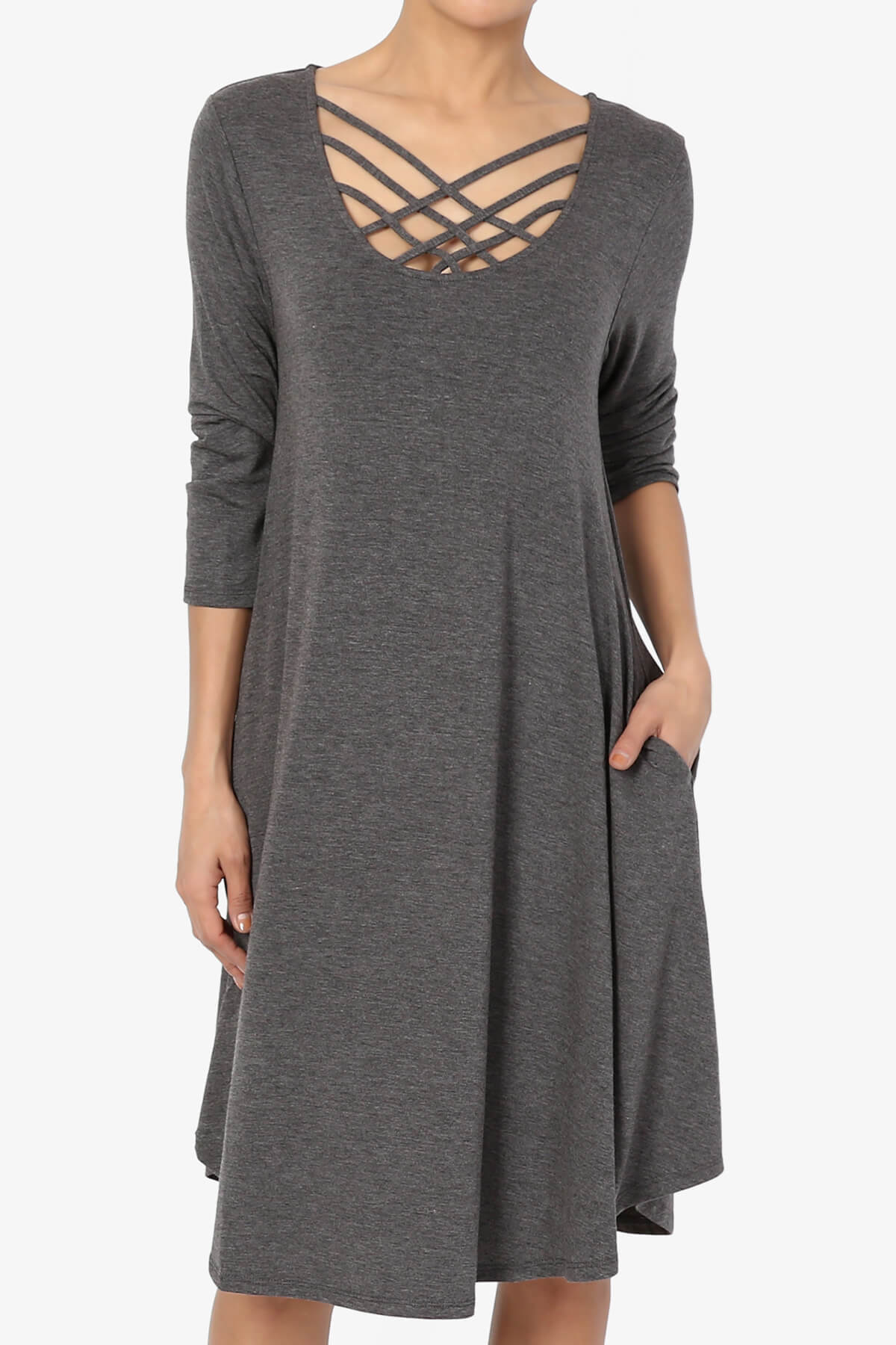 Ariella 3/4 Sleeve Strappy Scoop Neck Dress CHARCOAL_1