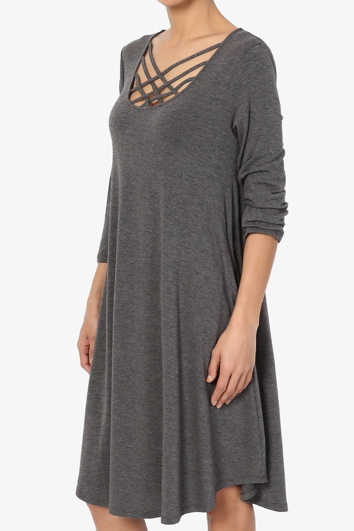 Ariella 3/4 Sleeve Strappy Scoop Neck Dress CHARCOAL_3