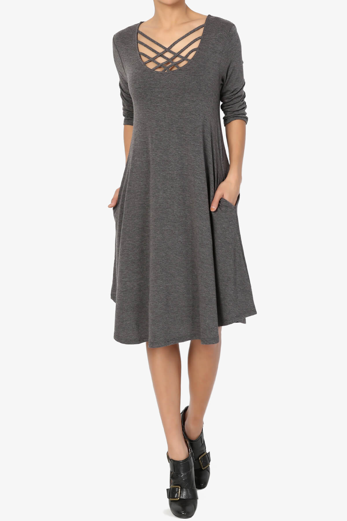 Ariella 3/4 Sleeve Strappy Scoop Neck Dress CHARCOAL_6