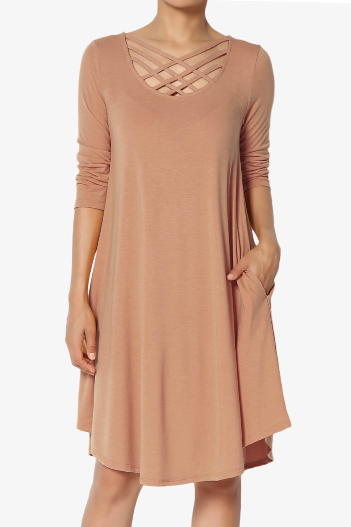 Ariella 3/4 Sleeve Strappy Scoop Neck Dress EGG SHELL_1