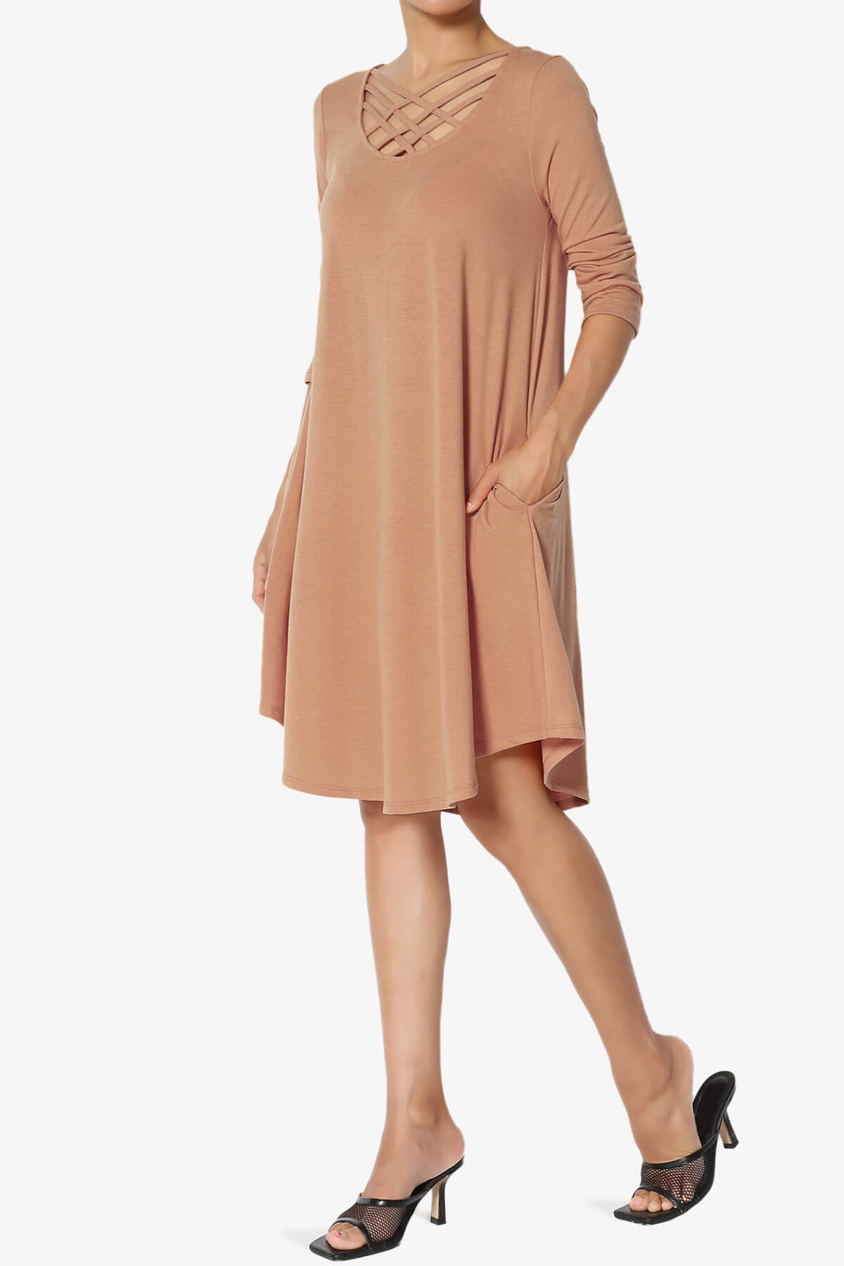 Ariella 3/4 Sleeve Strappy Scoop Neck Dress EGG SHELL_3