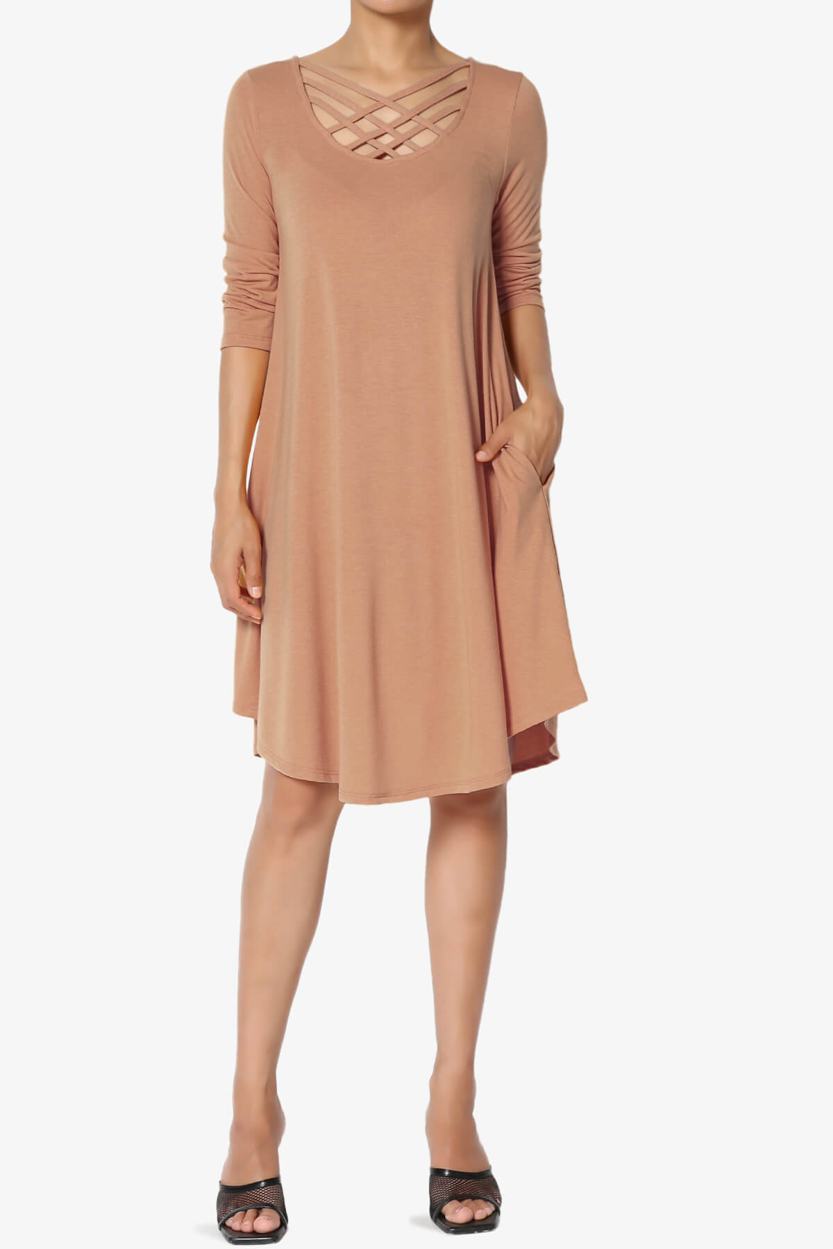 Ariella 3/4 Sleeve Strappy Scoop Neck Dress EGG SHELL_6