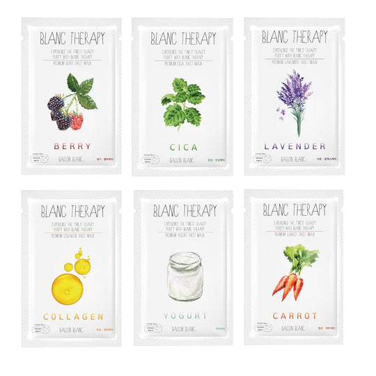 Ballon Blanc Therapy Premium Sheet Mask Variety 6-Pack – Collagen, Cica, Yogurt, Lavender, Berry & Carrot for All Skin Types (23ml x 6 Masks)