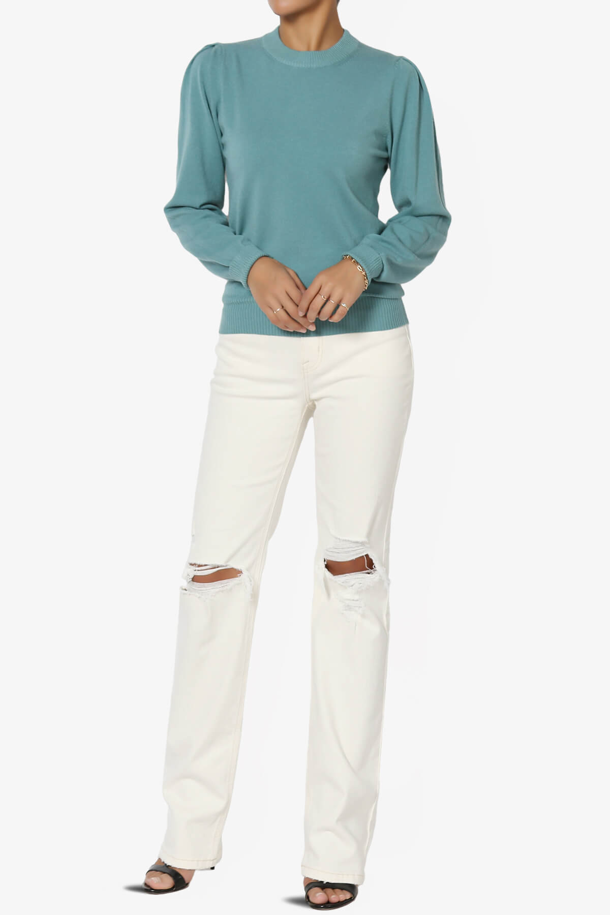 Load image into Gallery viewer, Bcarina Pleated Shoulder Crew Neck Sweater DUSTY TEAL_6
