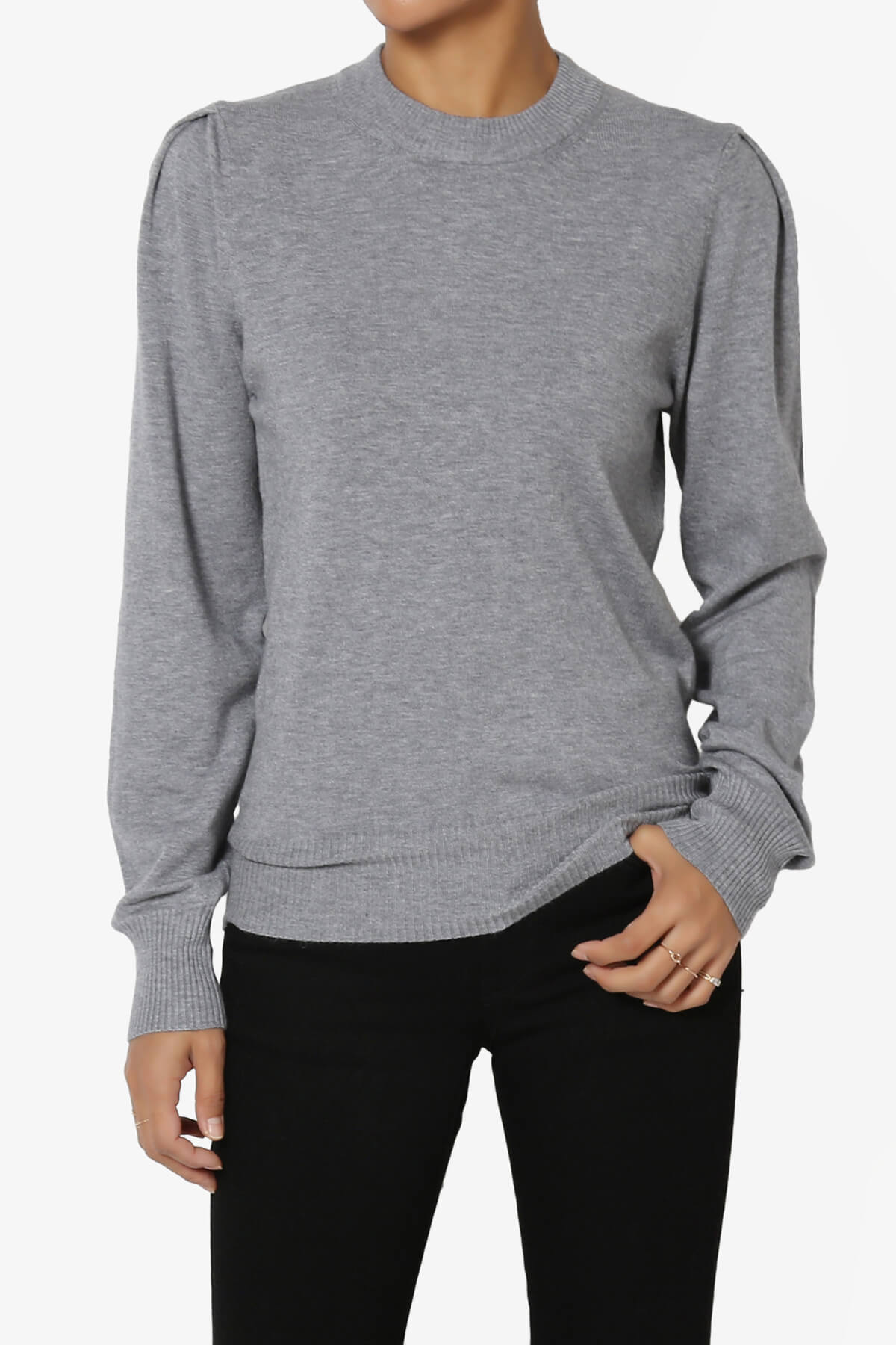 Load image into Gallery viewer, Bcarina Pleated Shoulder Crew Neck Sweater HEATHER GREY_1
