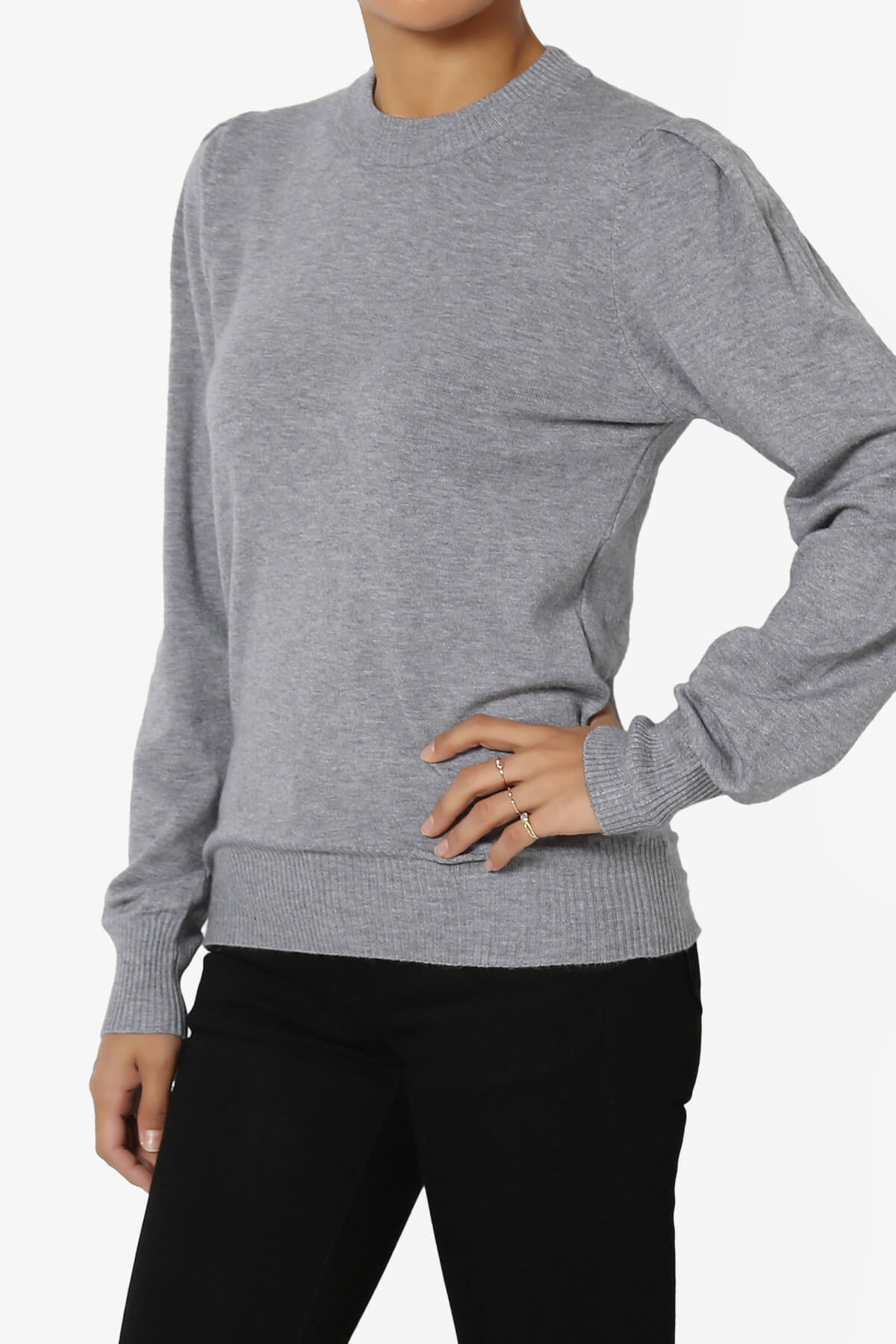 Load image into Gallery viewer, Bcarina Pleated Shoulder Crew Neck Sweater HEATHER GREY_3
