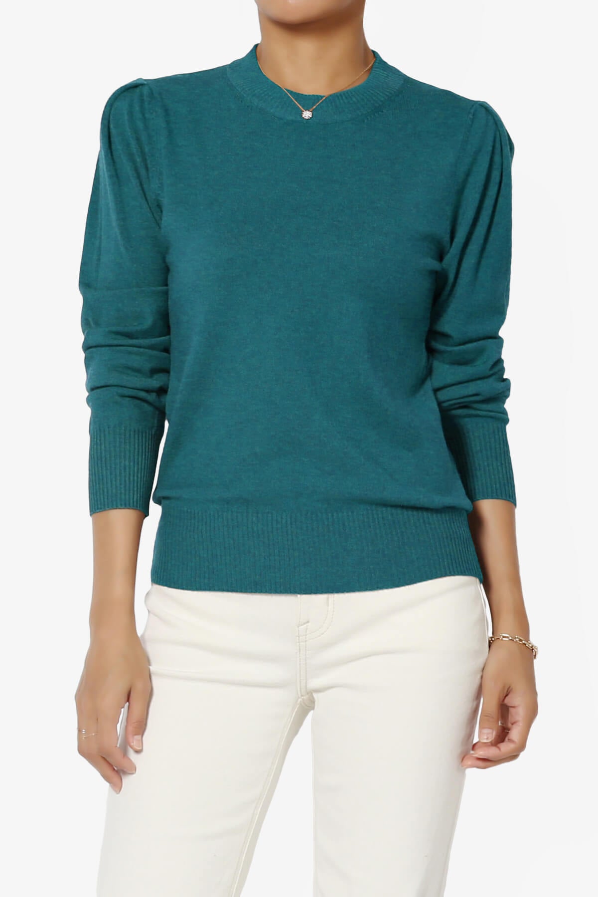 Load image into Gallery viewer, Bcarina Pleated Shoulder Crew Neck Sweater OCEAN TEAL_1
