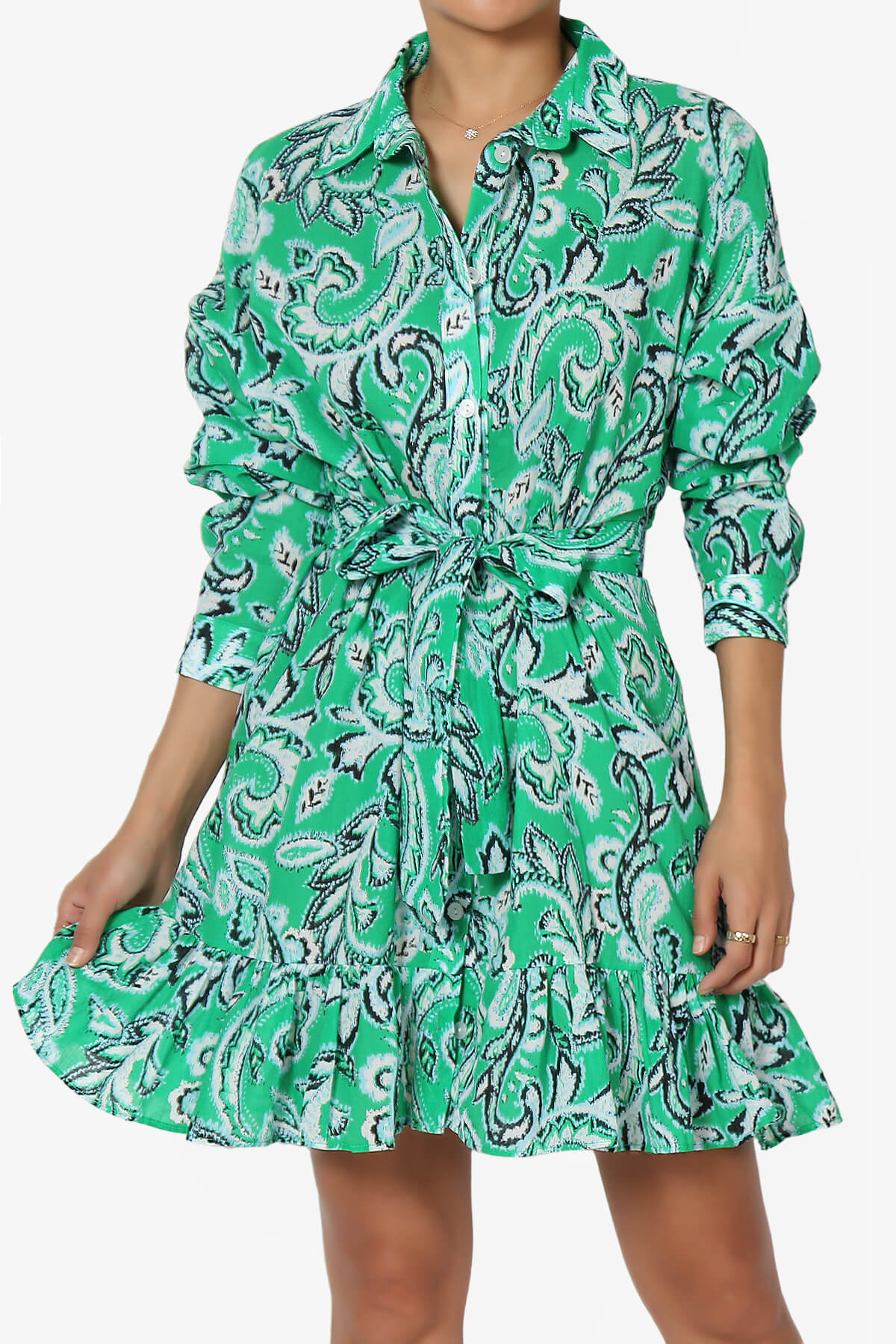 Becka 3/4 Sleeve Ruffle Shirt Mini Dress KELLY GREEN_1