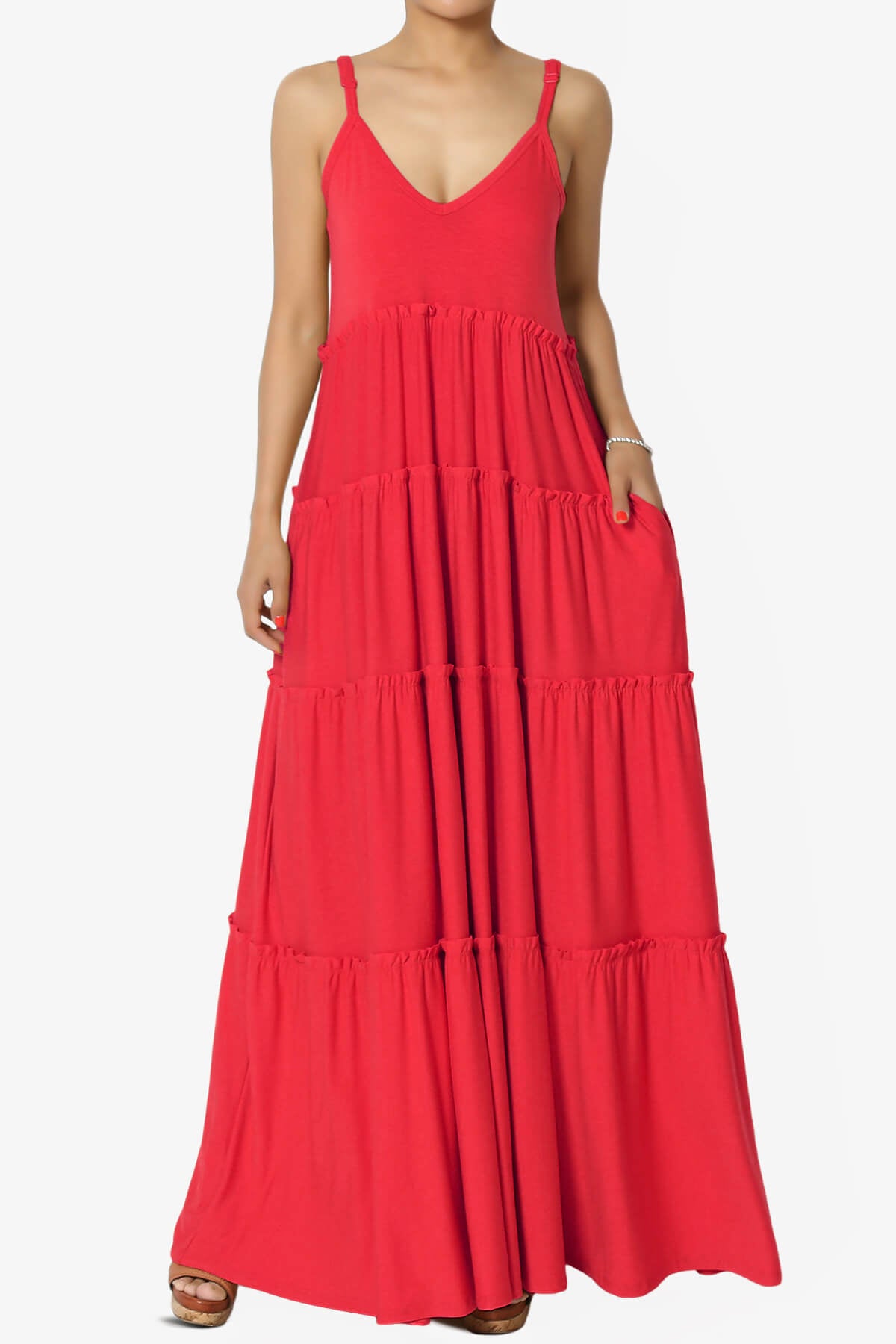 Bennet Ruffle Tiered Pocket Cami Maxi Dress RED_1