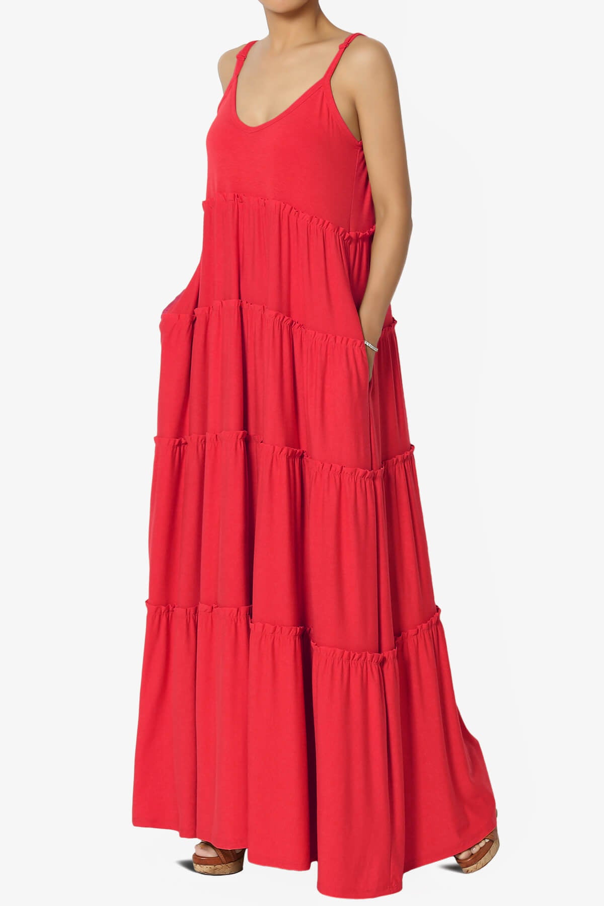 Bennet Ruffle Tiered Pocket Cami Maxi Dress RED_3