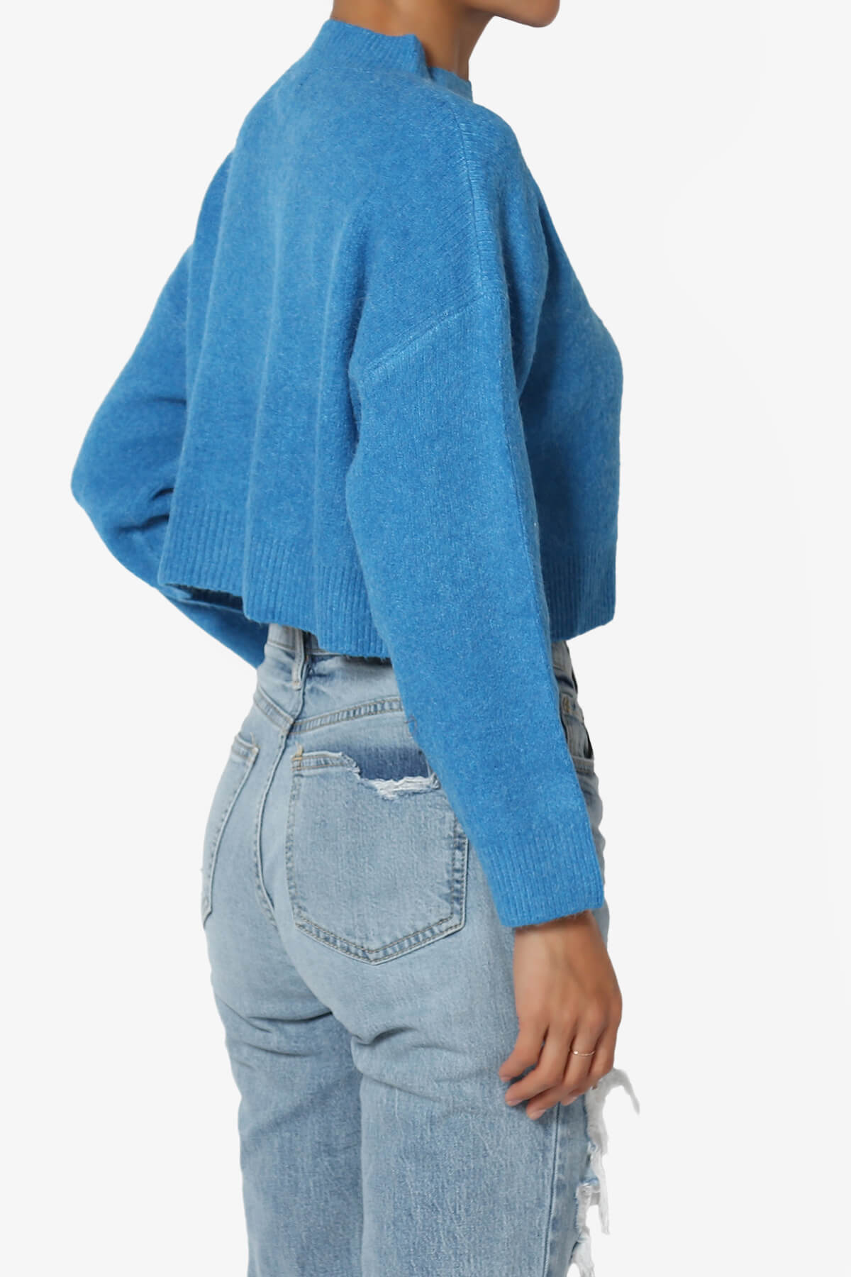 Bigmona Long Sleeve Crop Knit Sweater BLUE_4