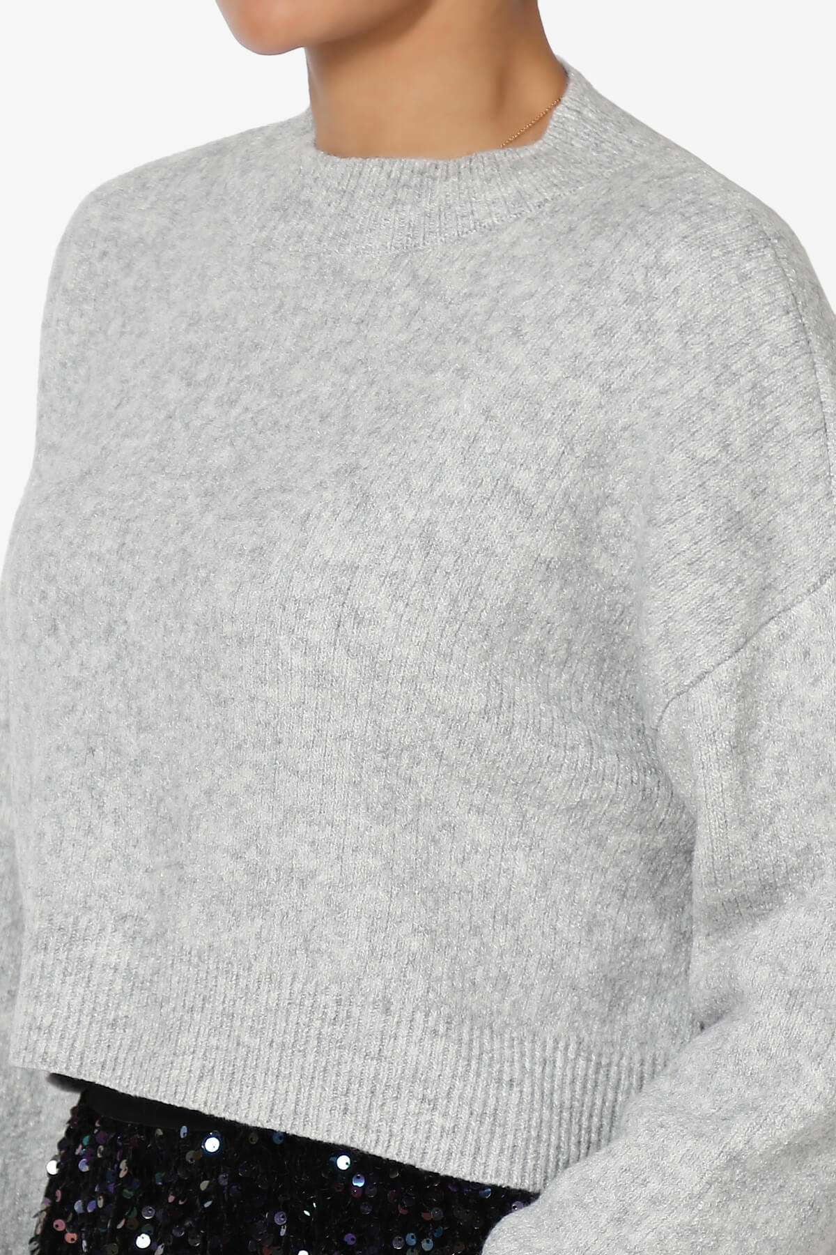 Bigmona Long Sleeve Crop Knit Sweater HEATHER GREY_5