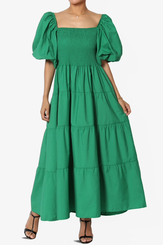 Load image into Gallery viewer, Blyss Balloon Puff Sleeve Tiered Midi Dress GREEN_1
