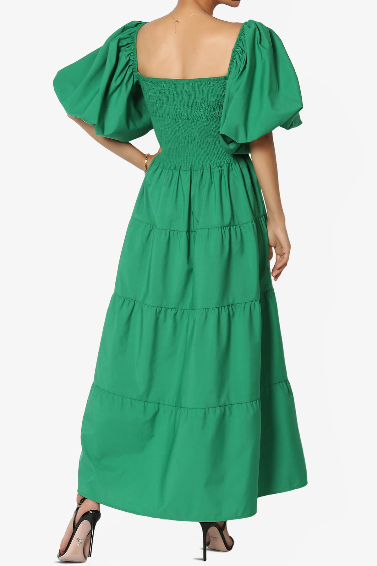 Load image into Gallery viewer, Blyss Balloon Puff Sleeve Tiered Midi Dress GREEN_2
