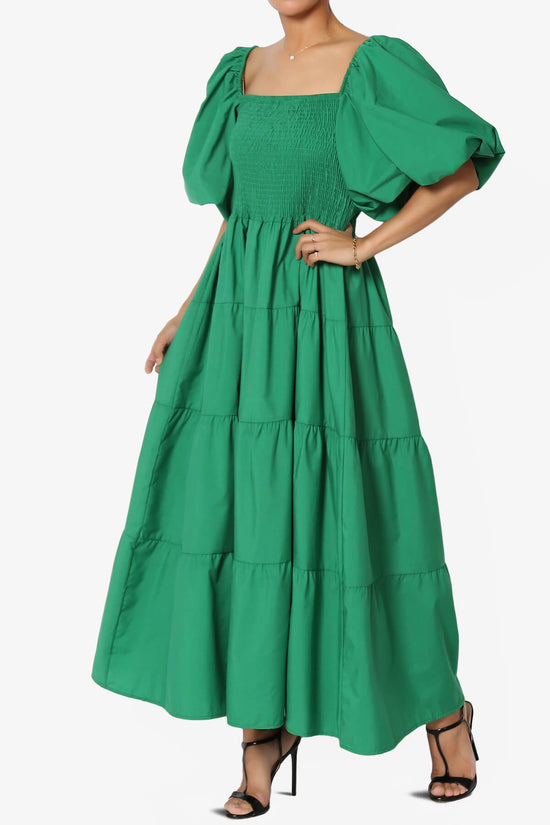 Load image into Gallery viewer, Blyss Balloon Puff Sleeve Tiered Midi Dress GREEN_3
