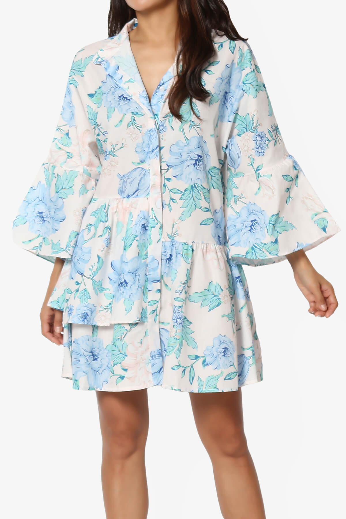 Load image into Gallery viewer, Bowen Floral Ruffle Tiered Mini Shirt Dress CREAM BLUE_1
