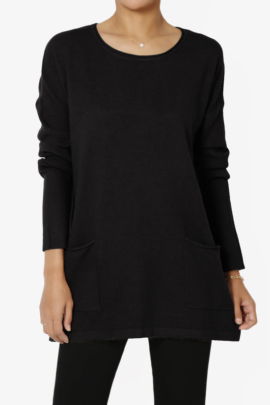 Load image into Gallery viewer, Brecken Pocket Long Sleeve Soft Knit Sweater Tunic BLACK_1
