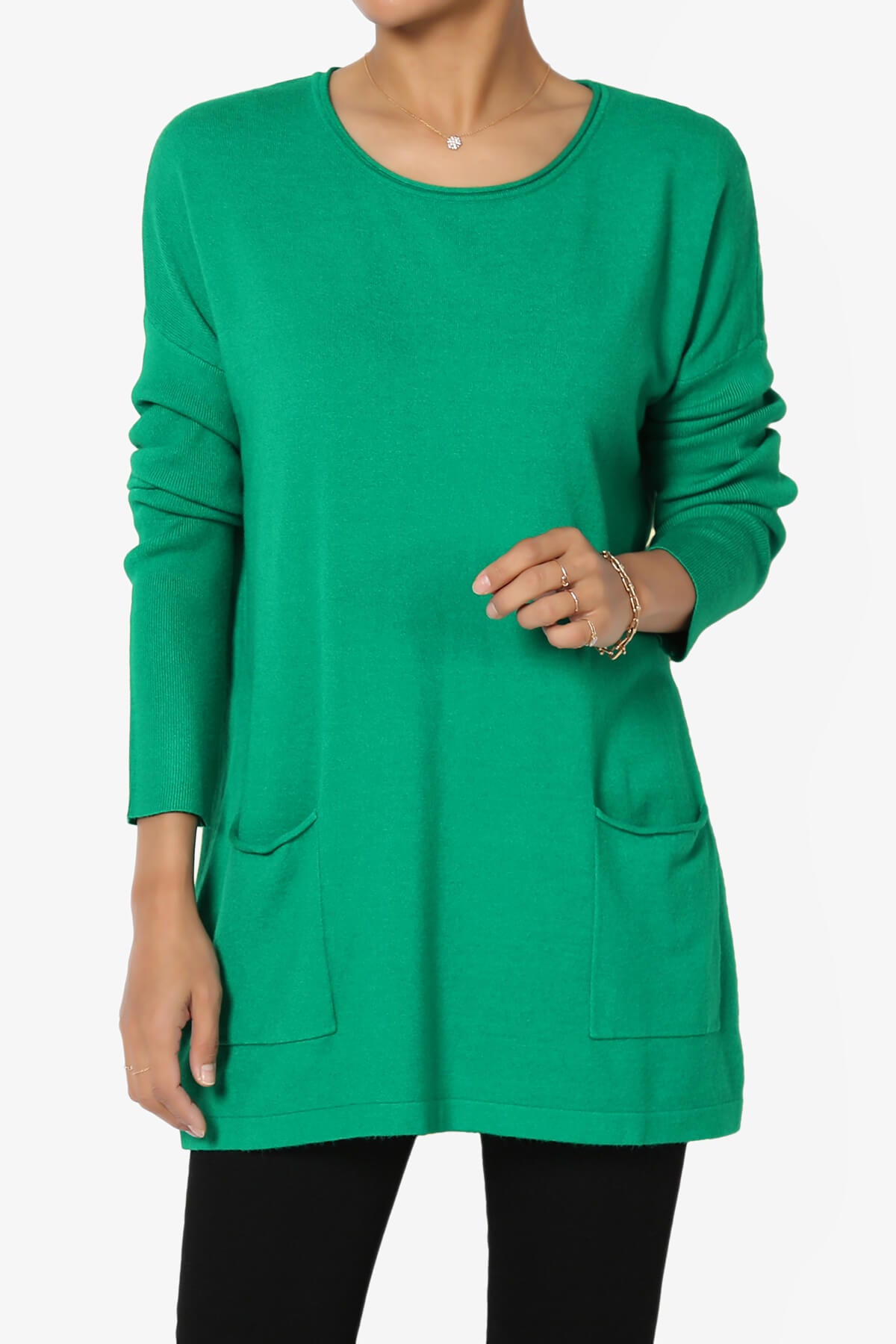 Brecken Pocket Long Sleeve Soft Knit Sweater Tunic KELLY GREEN_1