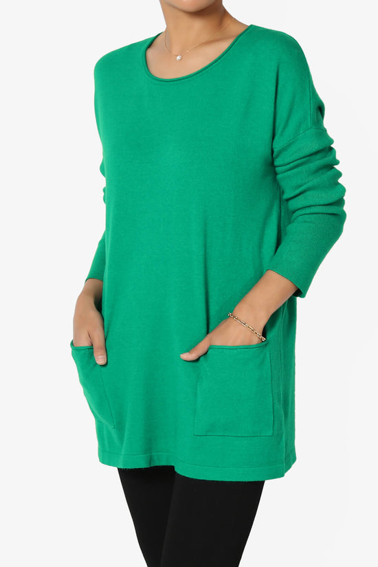 Brecken Pocket Long Sleeve Soft Knit Sweater Tunic KELLY GREEN_3