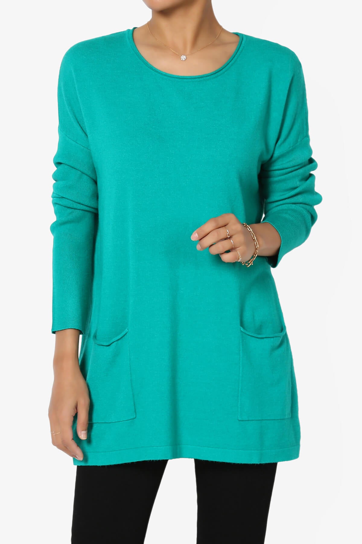 Load image into Gallery viewer, Brecken Pocket Long Sleeve Soft Knit Sweater Tunic TURQUOISE_1

