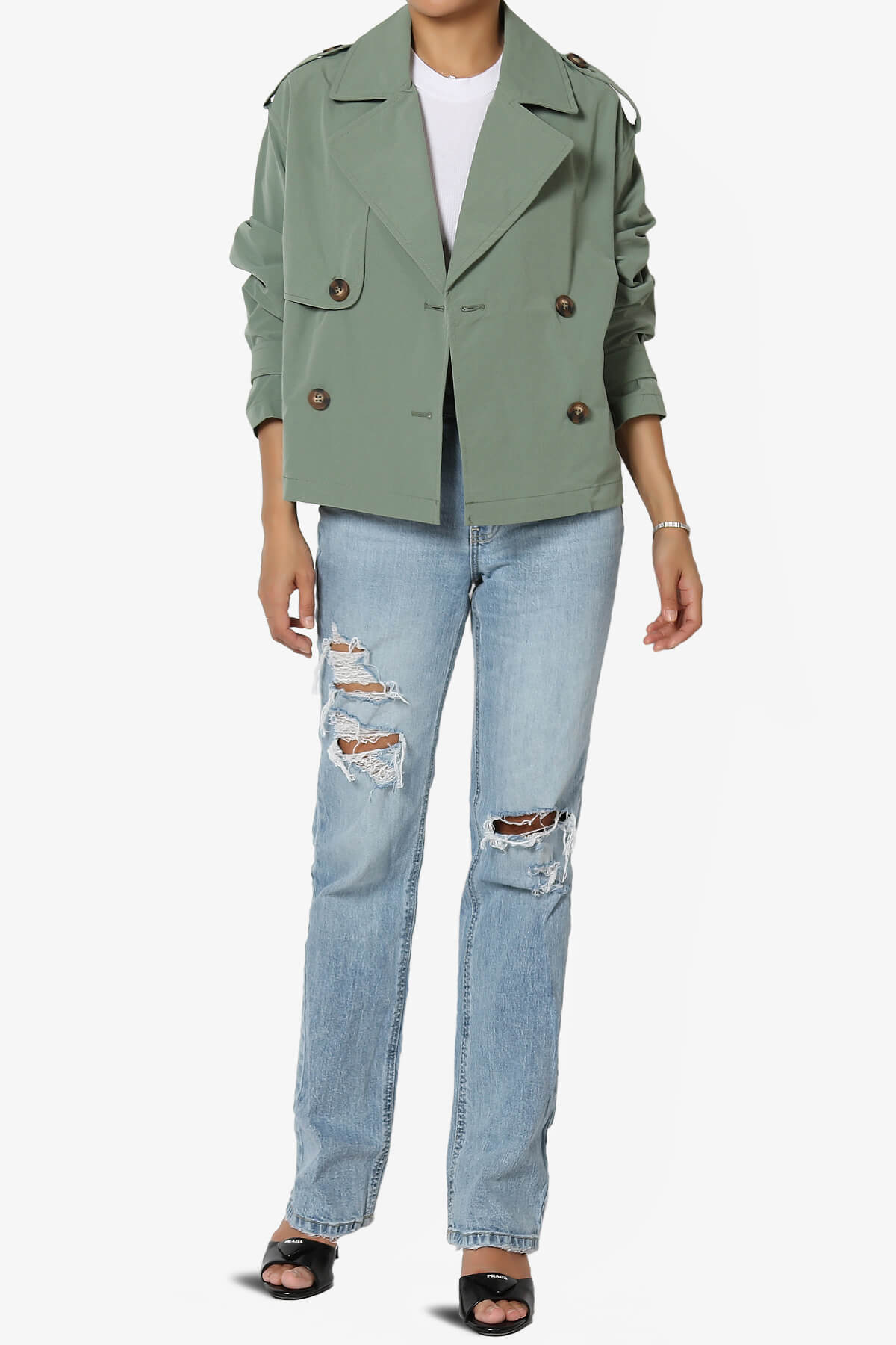 Load image into Gallery viewer, Brixton Cropped Trench Jacket SAGE_6
