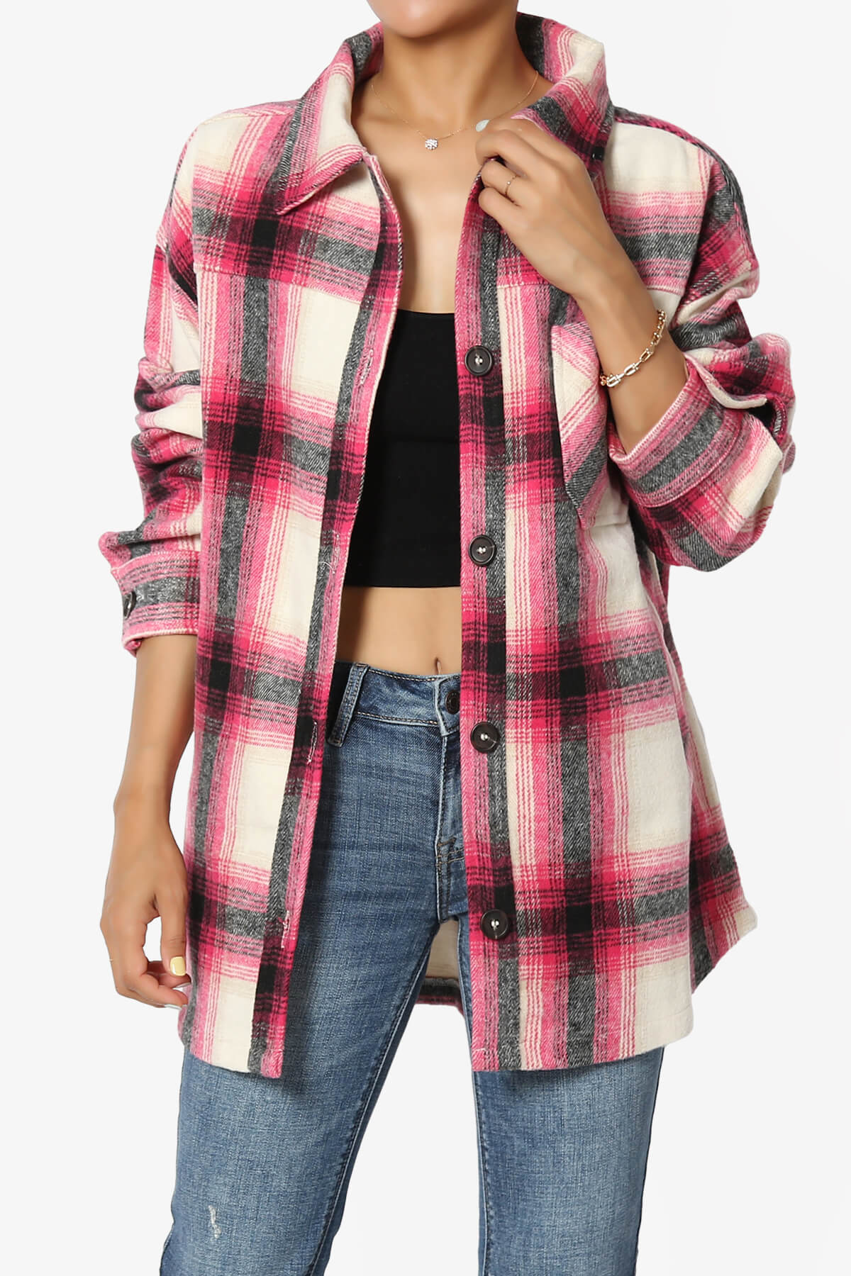 Cameron Plaid Flannel Oversized Shacket HOT PINK_1