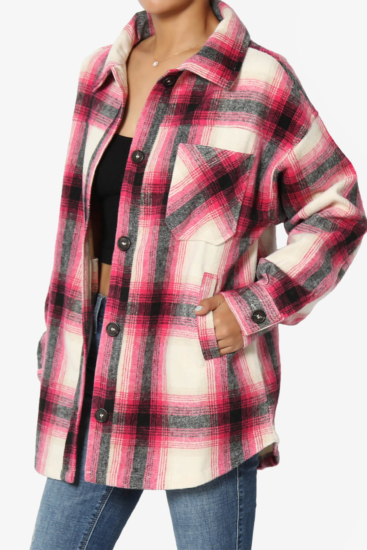 Cameron Plaid Flannel Oversized Shacket HOT PINK_3