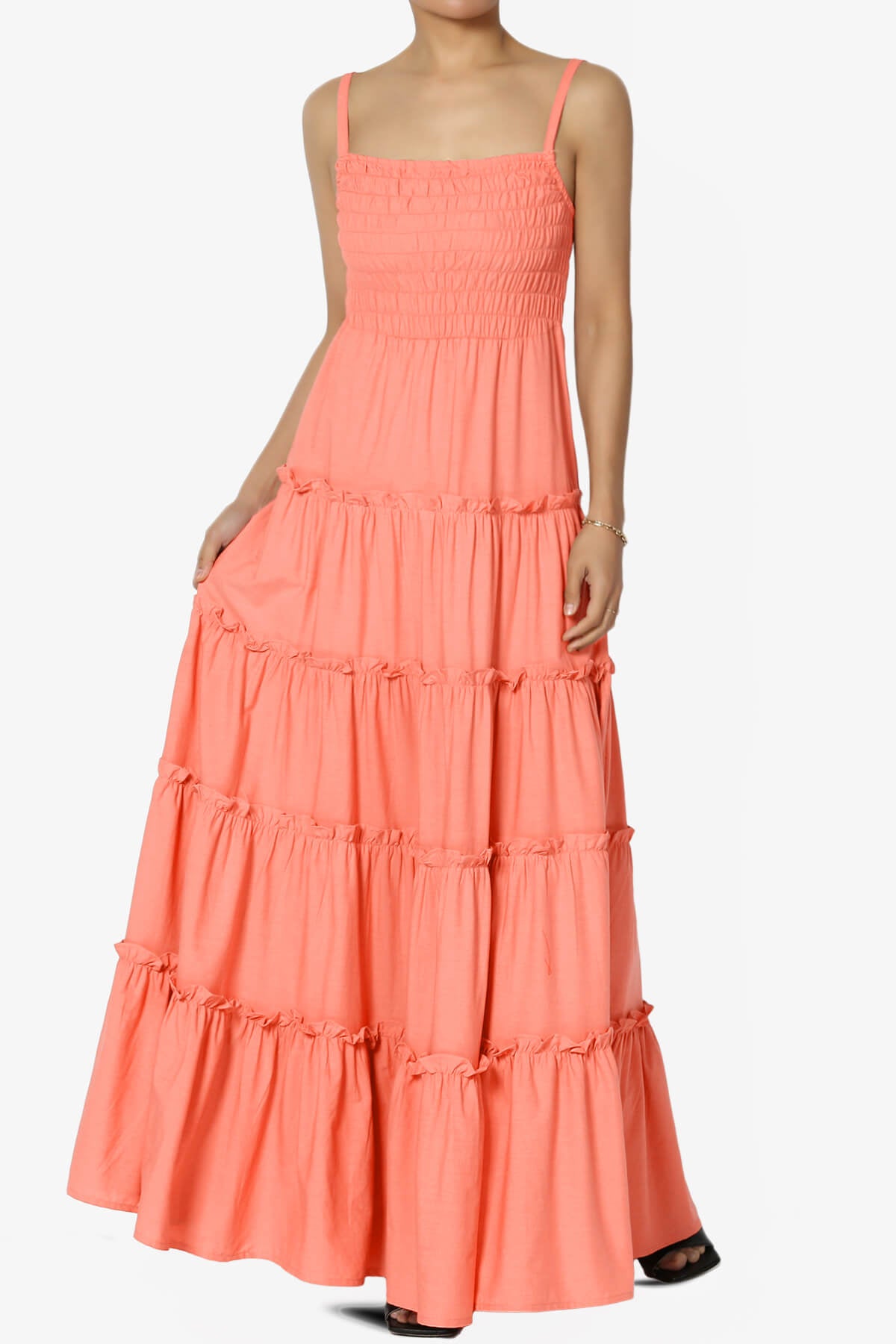 Cassie Smocked Cami Tiered Maxi Dress CORAL_1