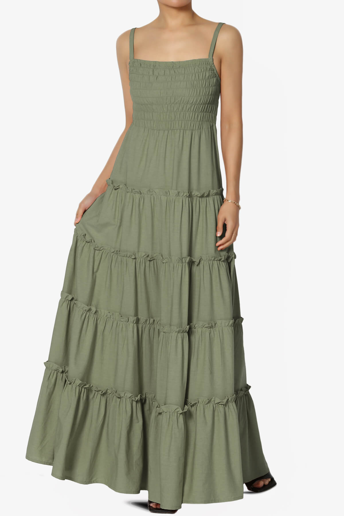 Cassie Smocked Cami Tiered Maxi Dress DUSTY OLIVE_1