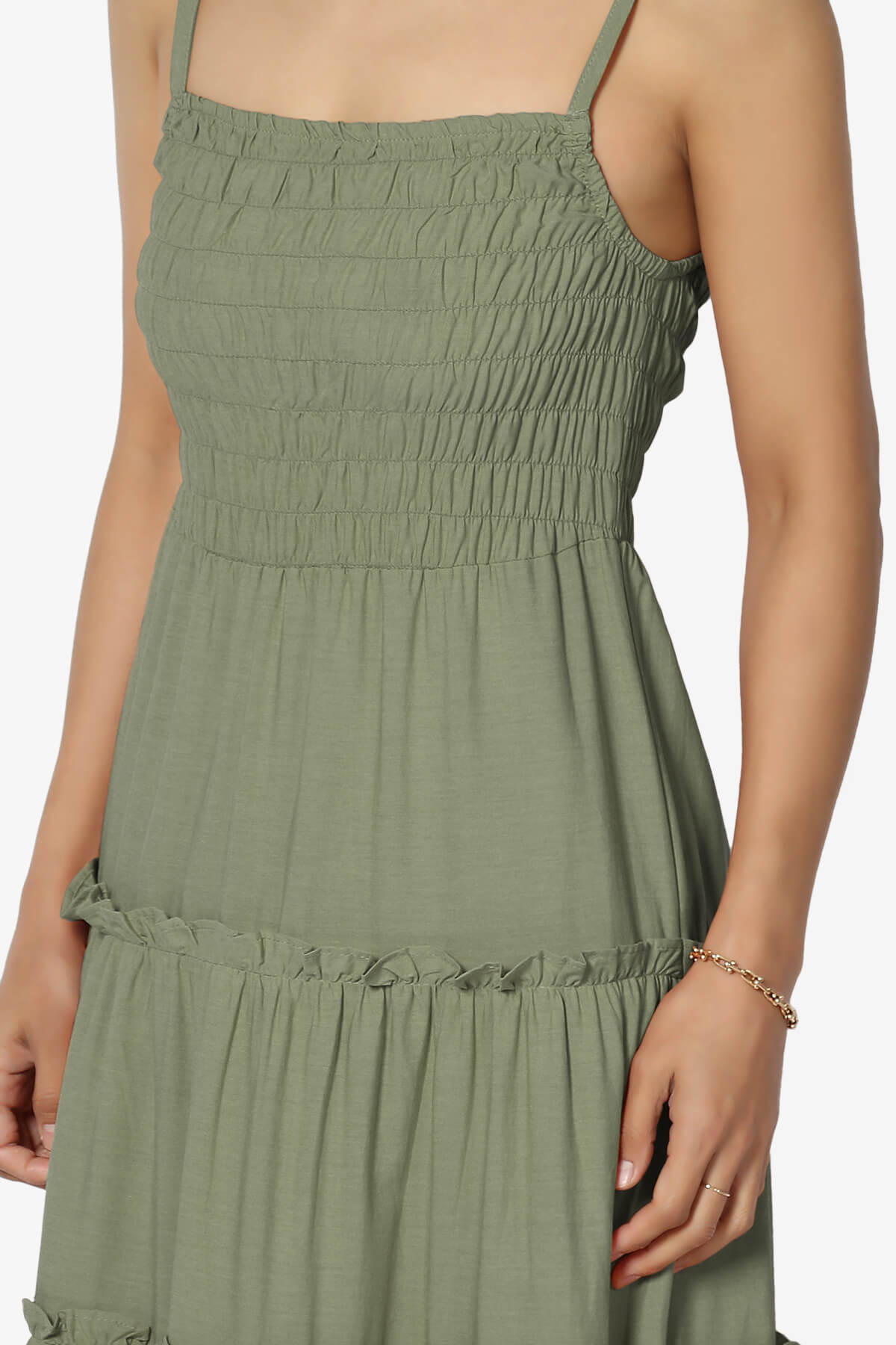 Cassie Smocked Cami Tiered Maxi Dress DUSTY OLIVE_5