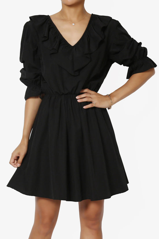 Corenne Ruffle Collar Puff Sleeve Dress BLACK_1