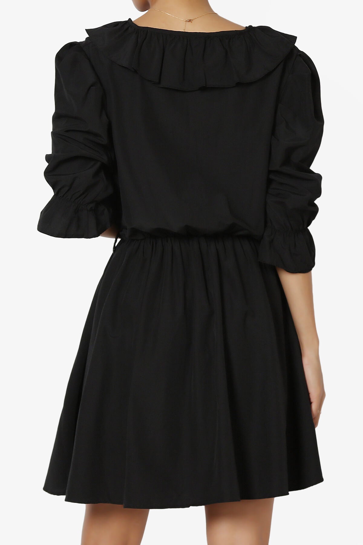 Corenne Ruffle Collar Puff Sleeve Dress BLACK_2
