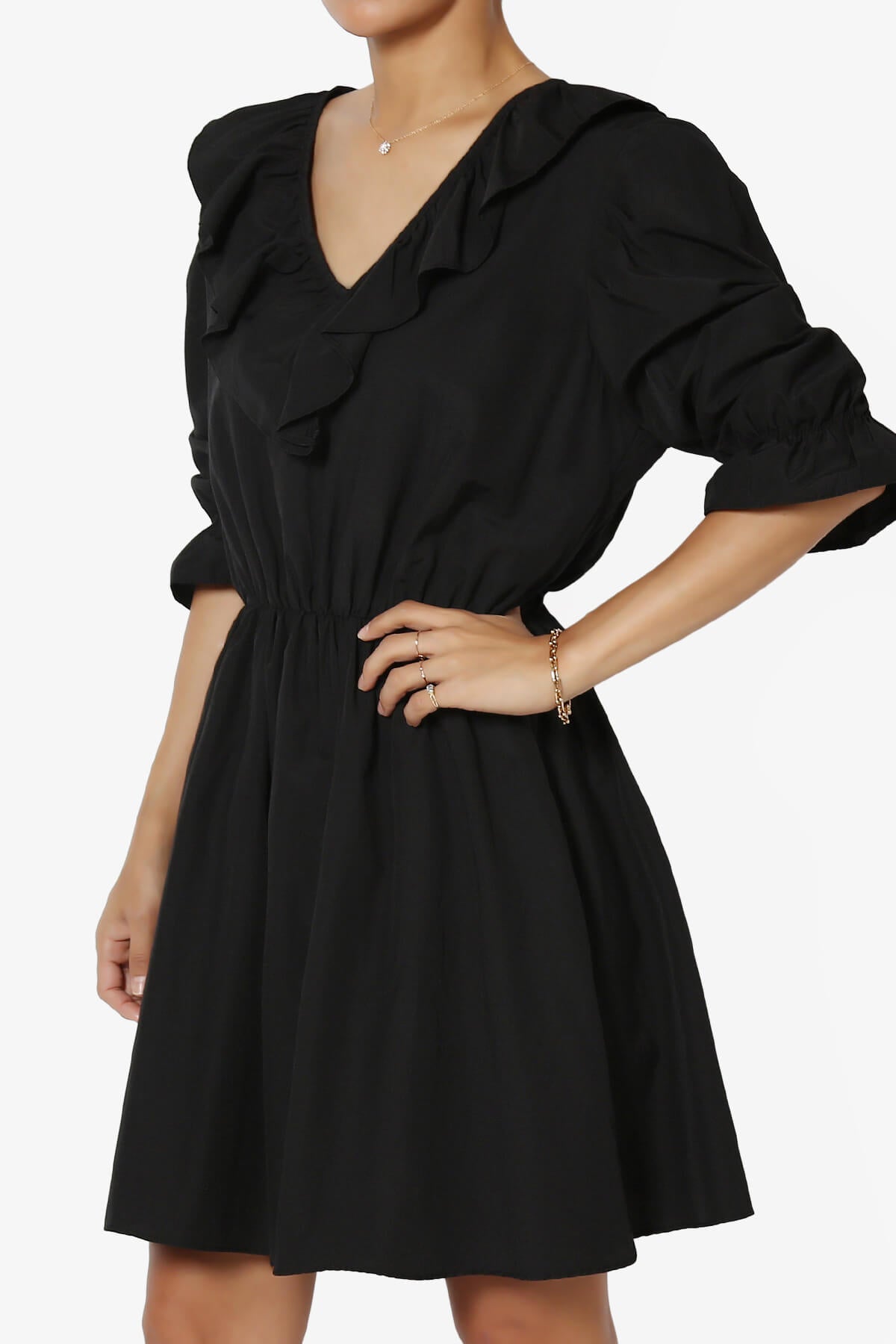 Corenne Ruffle Collar Puff Sleeve Dress BLACK_3