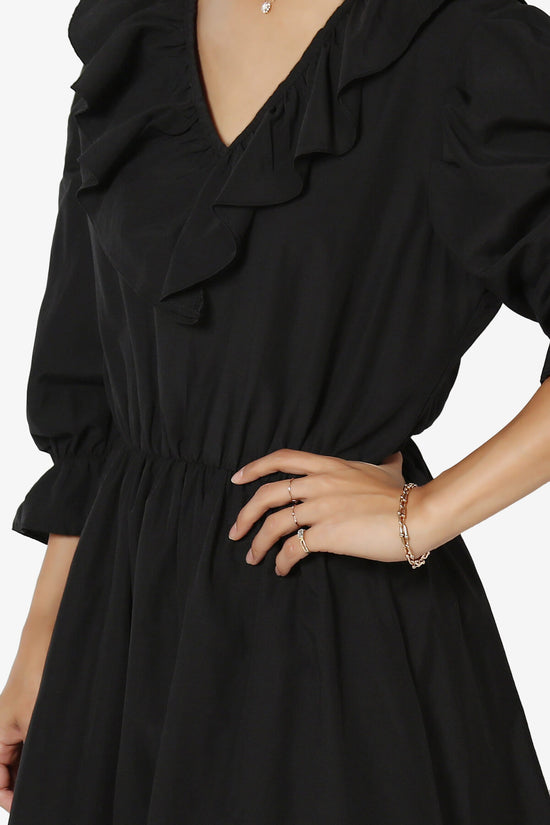 Corenne Ruffle Collar Puff Sleeve Dress BLACK_5