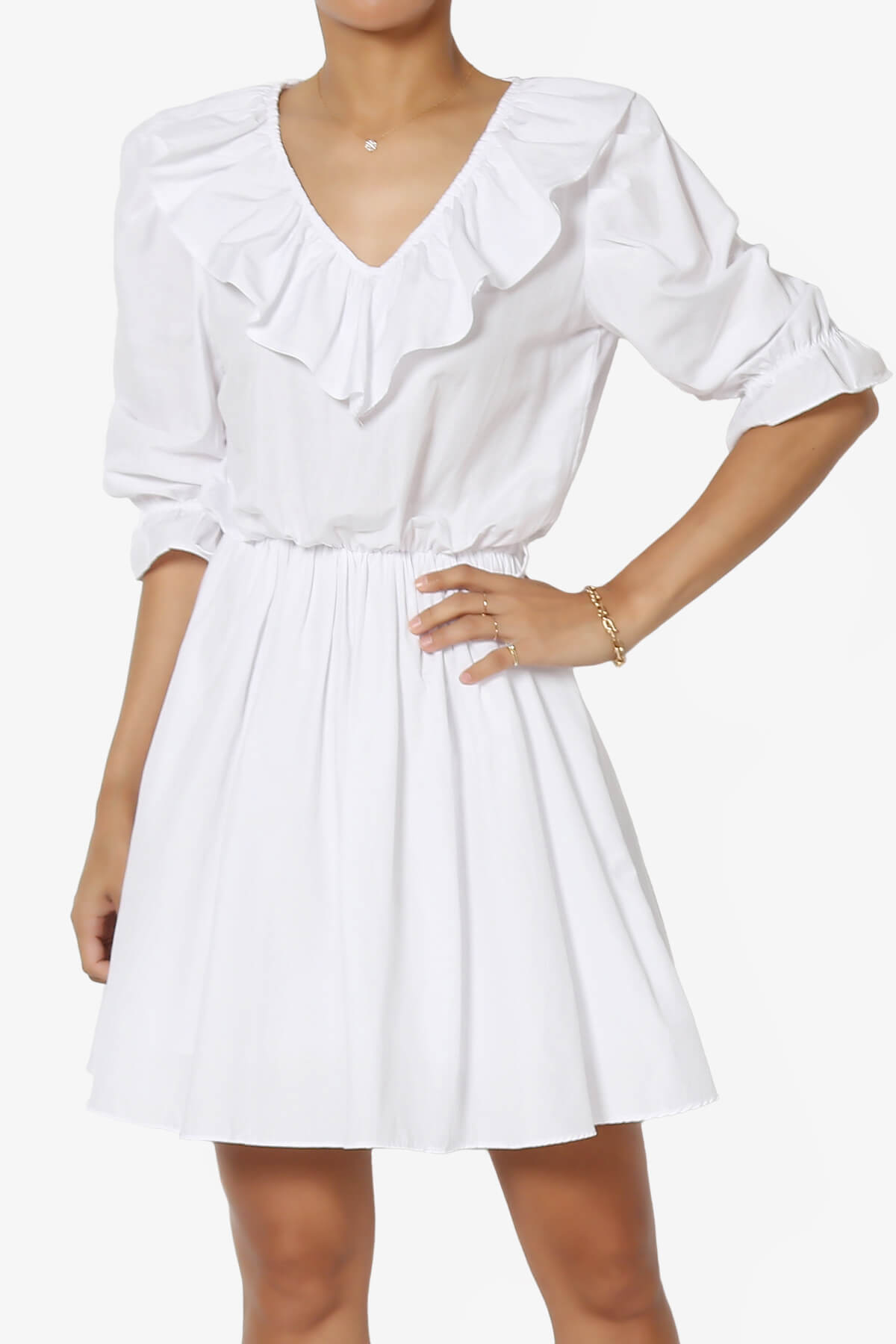 Corenne Ruffle Collar Puff Sleeve Dress WHITE_1