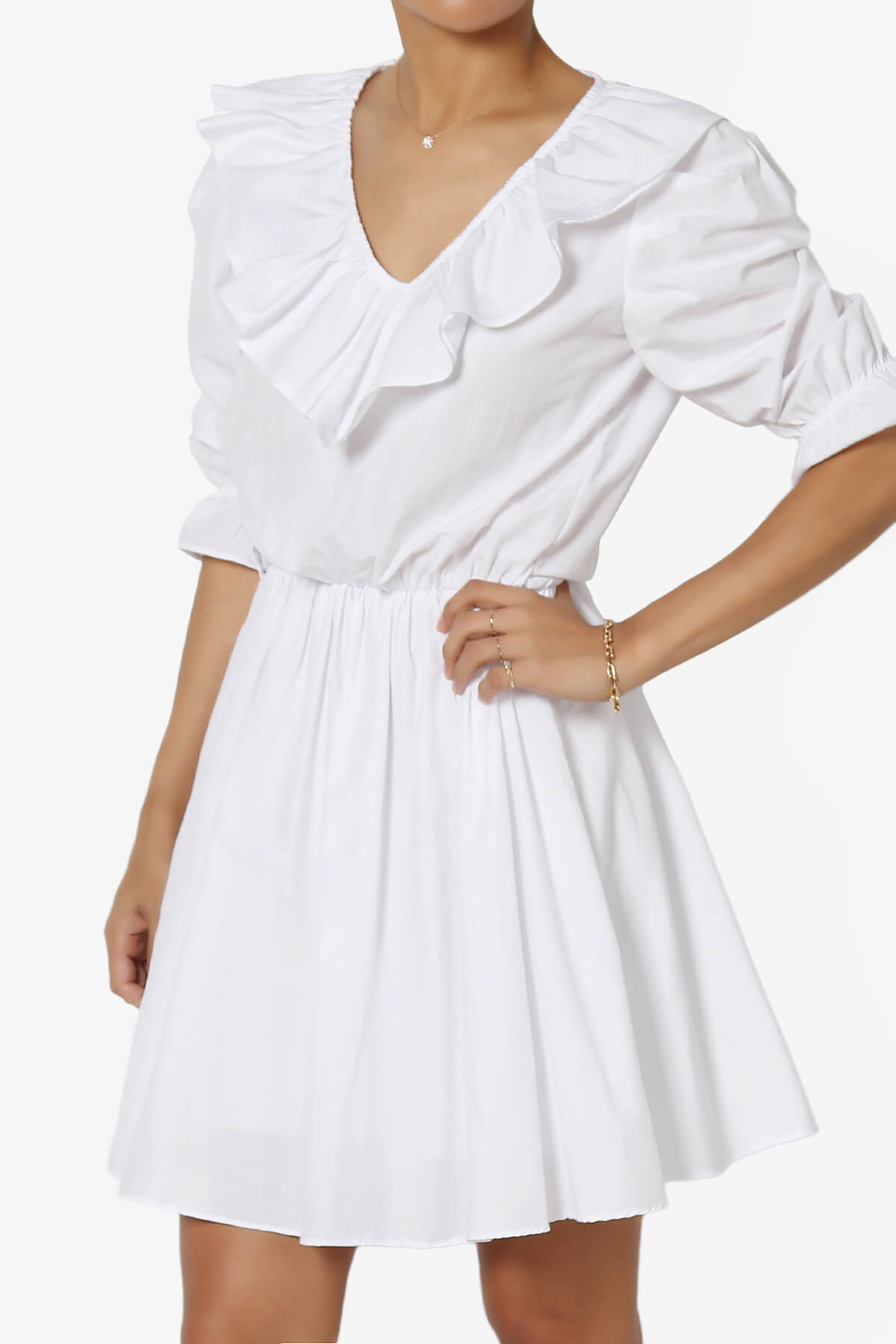 Load image into Gallery viewer, Corenne Ruffle Collar Puff Sleeve Dress WHITE_3
