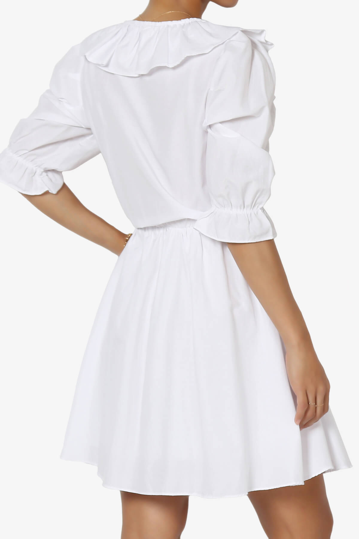 Corenne Ruffle Collar Puff Sleeve Dress WHITE_4