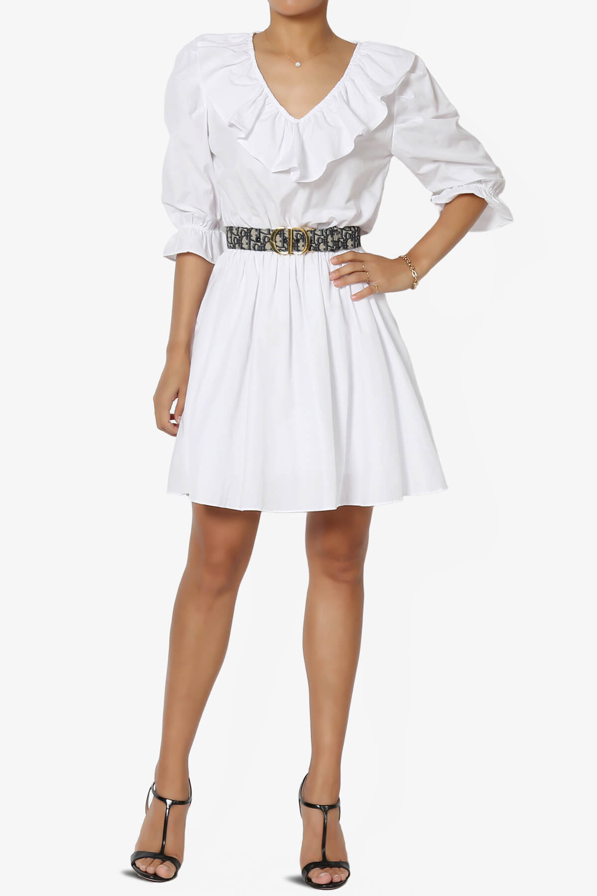 Corenne Ruffle Collar Puff Sleeve Dress WHITE_6
