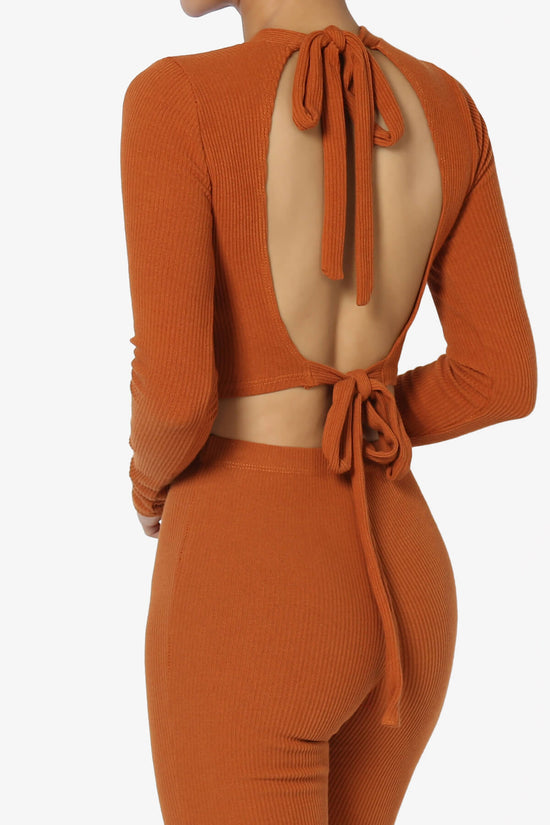 Costello Open Back Tie Long Sleeve Ribbed Top CARAMEL_1